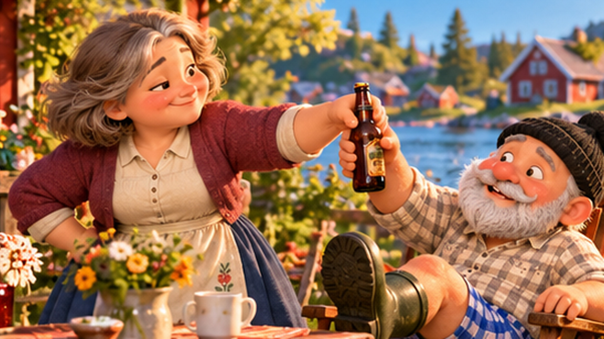 Die Marmeladenoma nimmt Christian die Bierflasche ab.