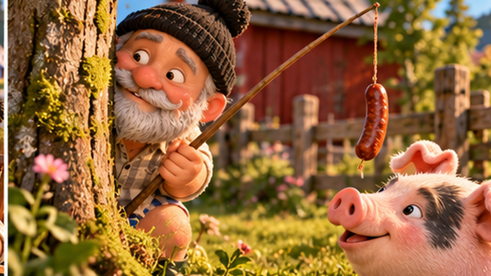 Christian lockt ein Schwein mit einer Wurst an einer Angel.