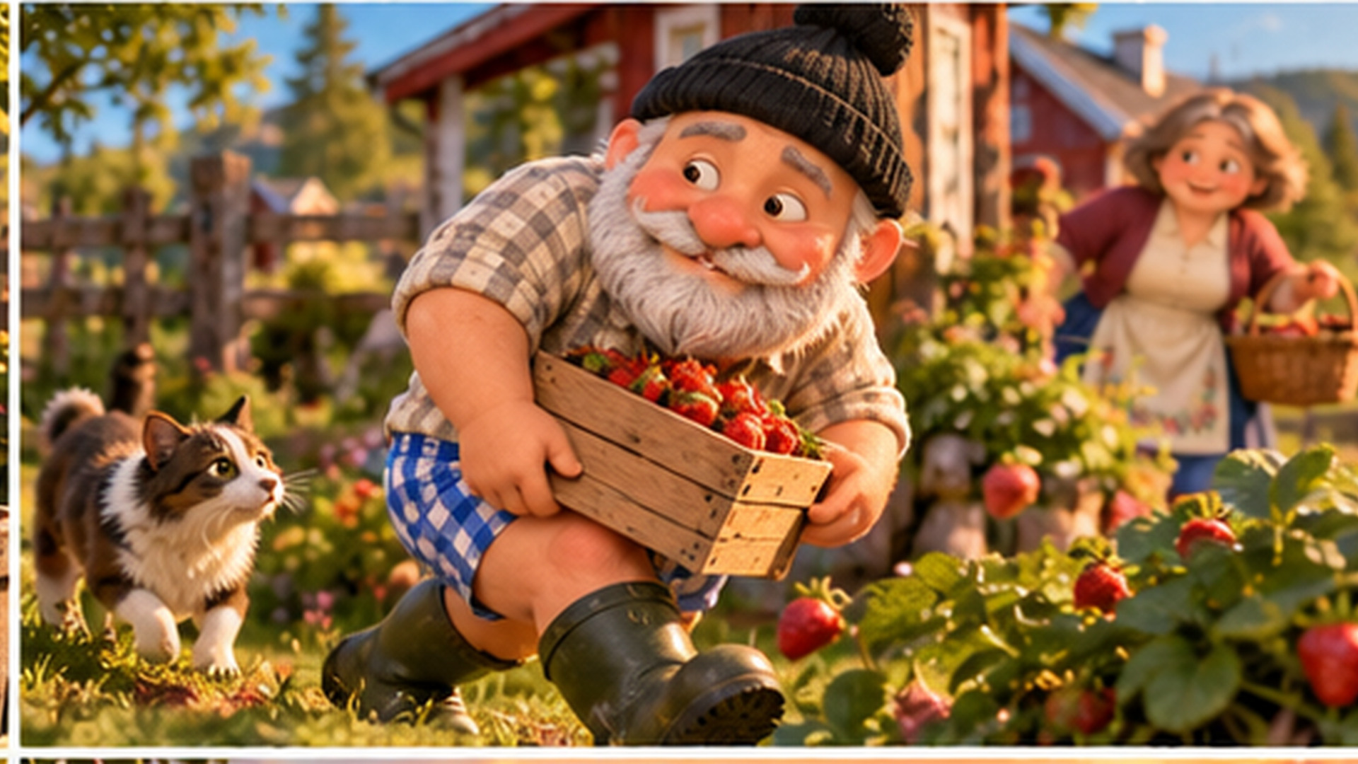 Christian trägt eine Kiste Erdbeeren davon, begleitet von einer Katze.