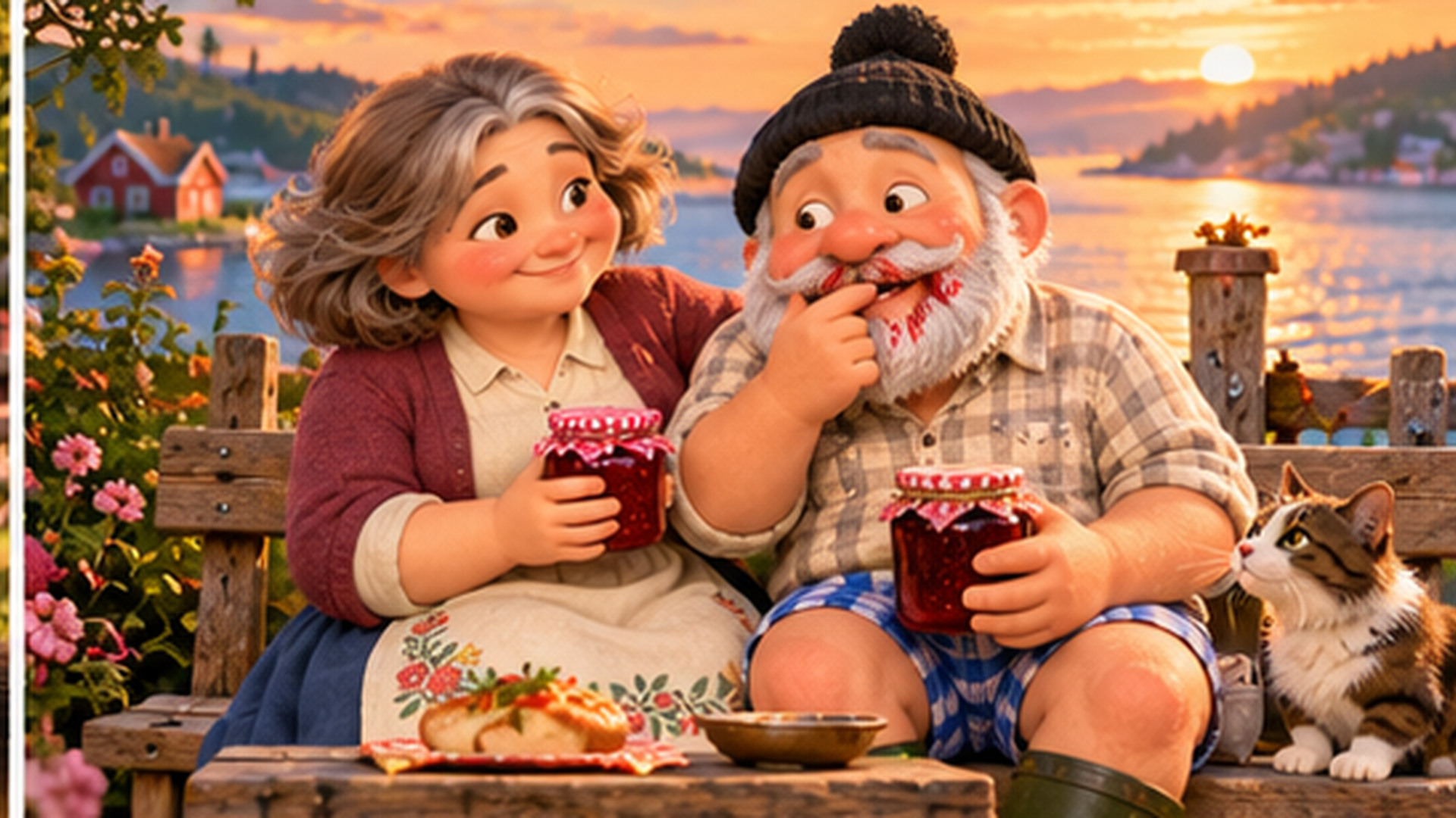 Christian und die Marmeladenoma sitzen mit Marmeladengläsern am Fjord.