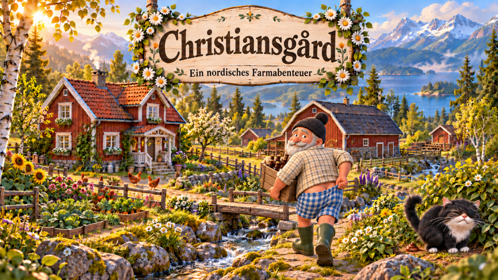 Illustration: Christian auf dem nordischen Hof mit roten Holzhäusern, Bach und Hoftieren.