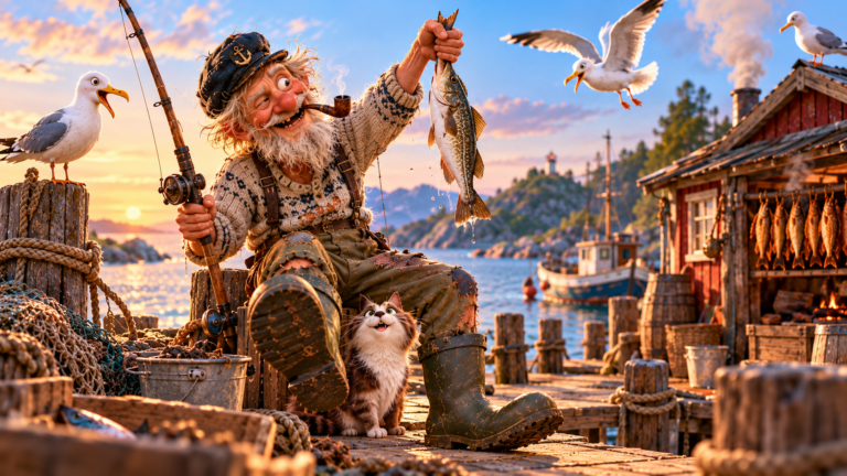 Originalillustration: Fiete mit Angel und gefangenem Fisch am Hafen, begleitet von Katze und Möwen.