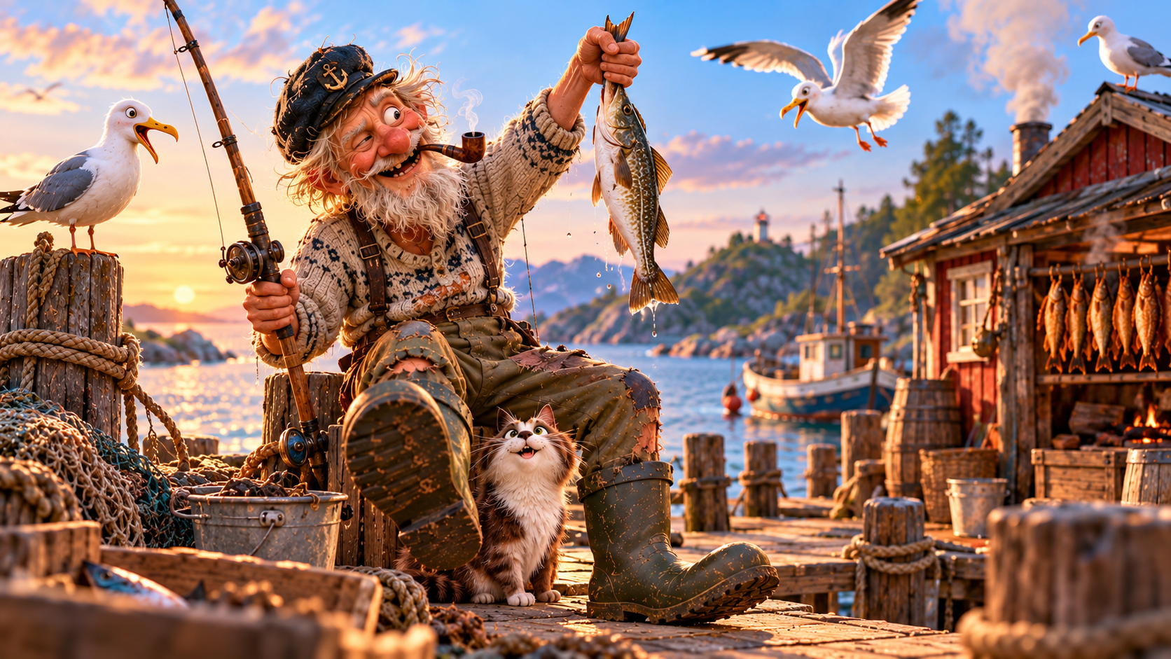 Originalillustration: Fiete mit Angel und gefangenem Fisch am Hafen, begleitet von Katze und Möwen.