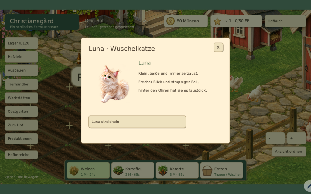 Echte Geräteaufnahme aus dem Prüfhof: geöffnete Figurenansicht von Luna, der beigen Wuschelkatze.